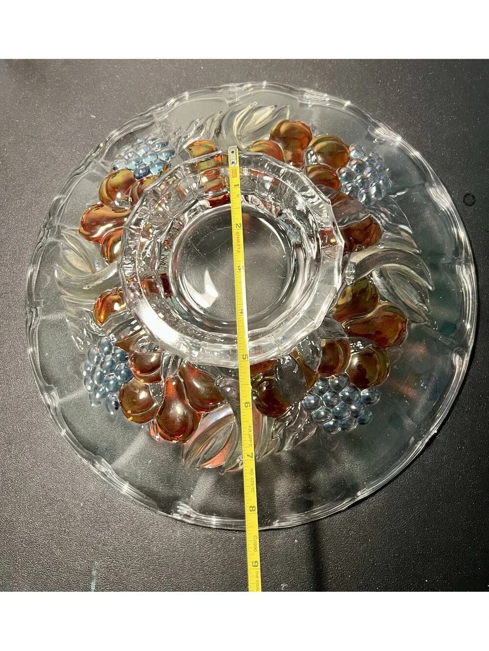 Indiana Glass 1960s Garland Amber Red Blue Fruit Footed Centerpiece Bowl, 13”